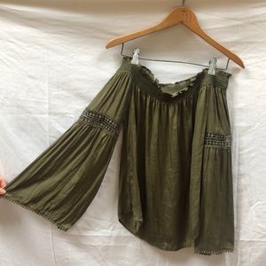 Flowy green silk off the shoulder blouse
